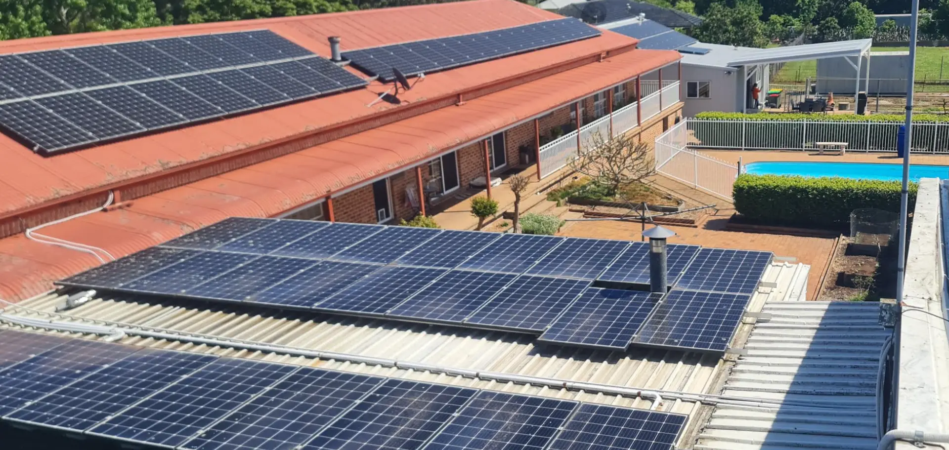 Aerial view of a residential rooftop solar installation