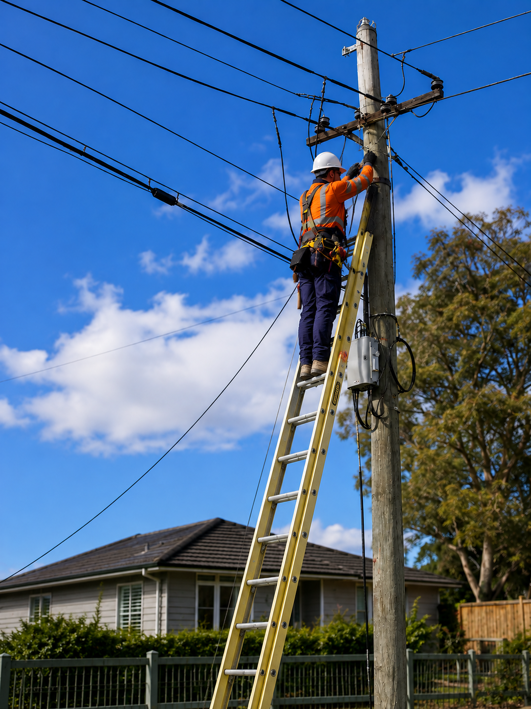 Electrician working on an overhead electrical service connection